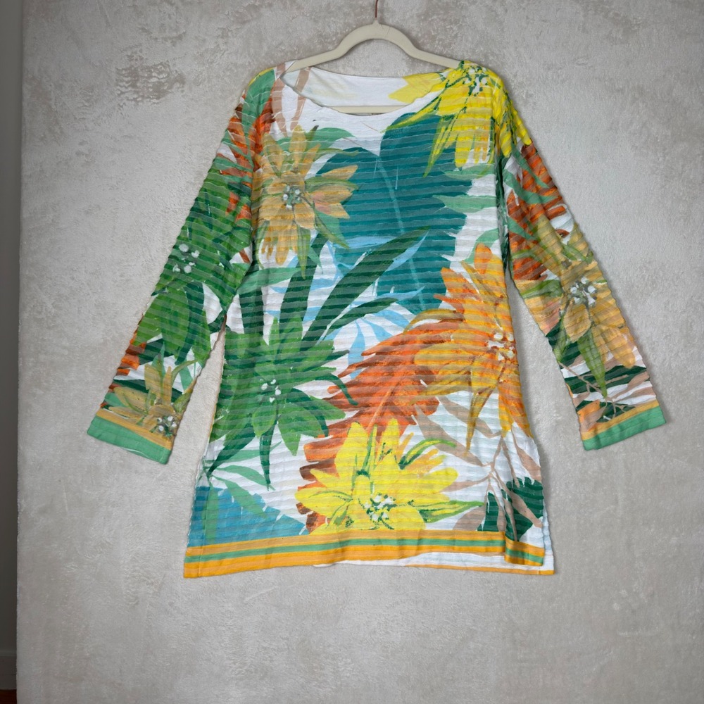 Soft Surroundings Tropical Floral Burnout Tunic Top Green Orange XL Textured
